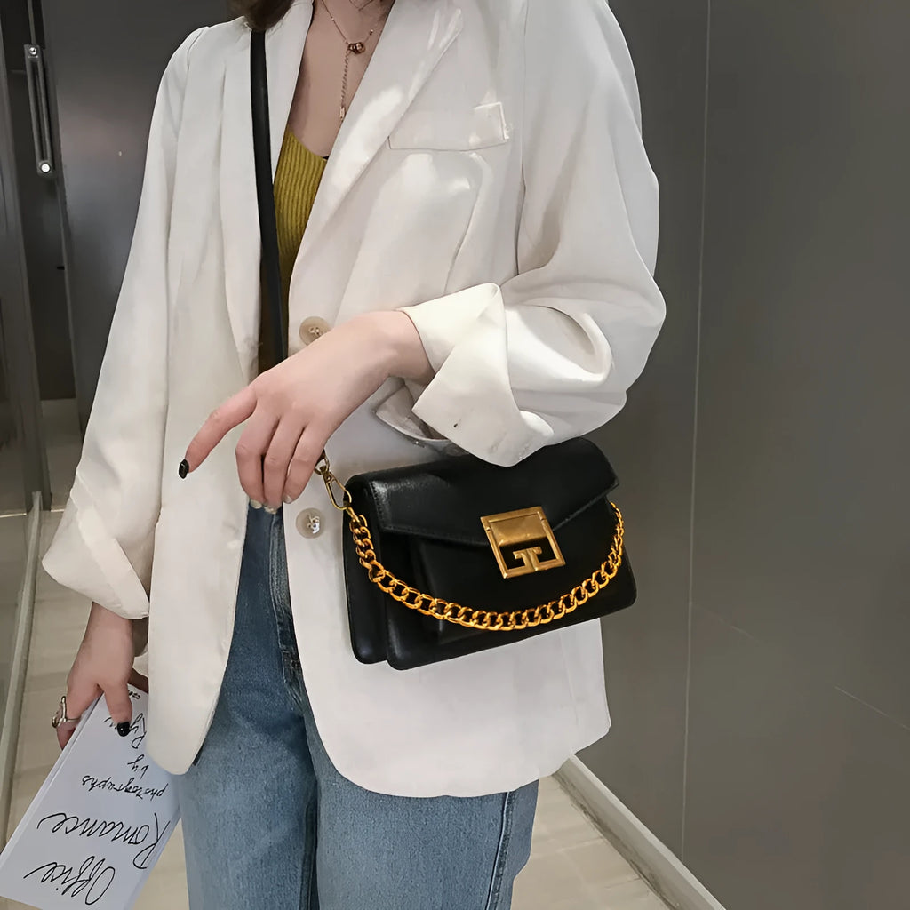 Women's shoulder bag square box shape with chain detail PU lining zippered hidden pocket black