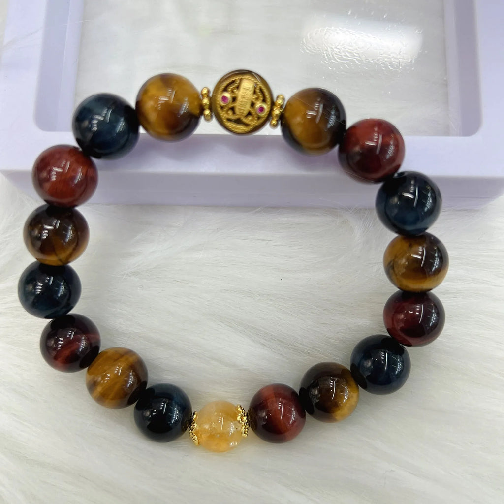 Tiger eye natural stone bracelet with loose round beads on 18cm chain
