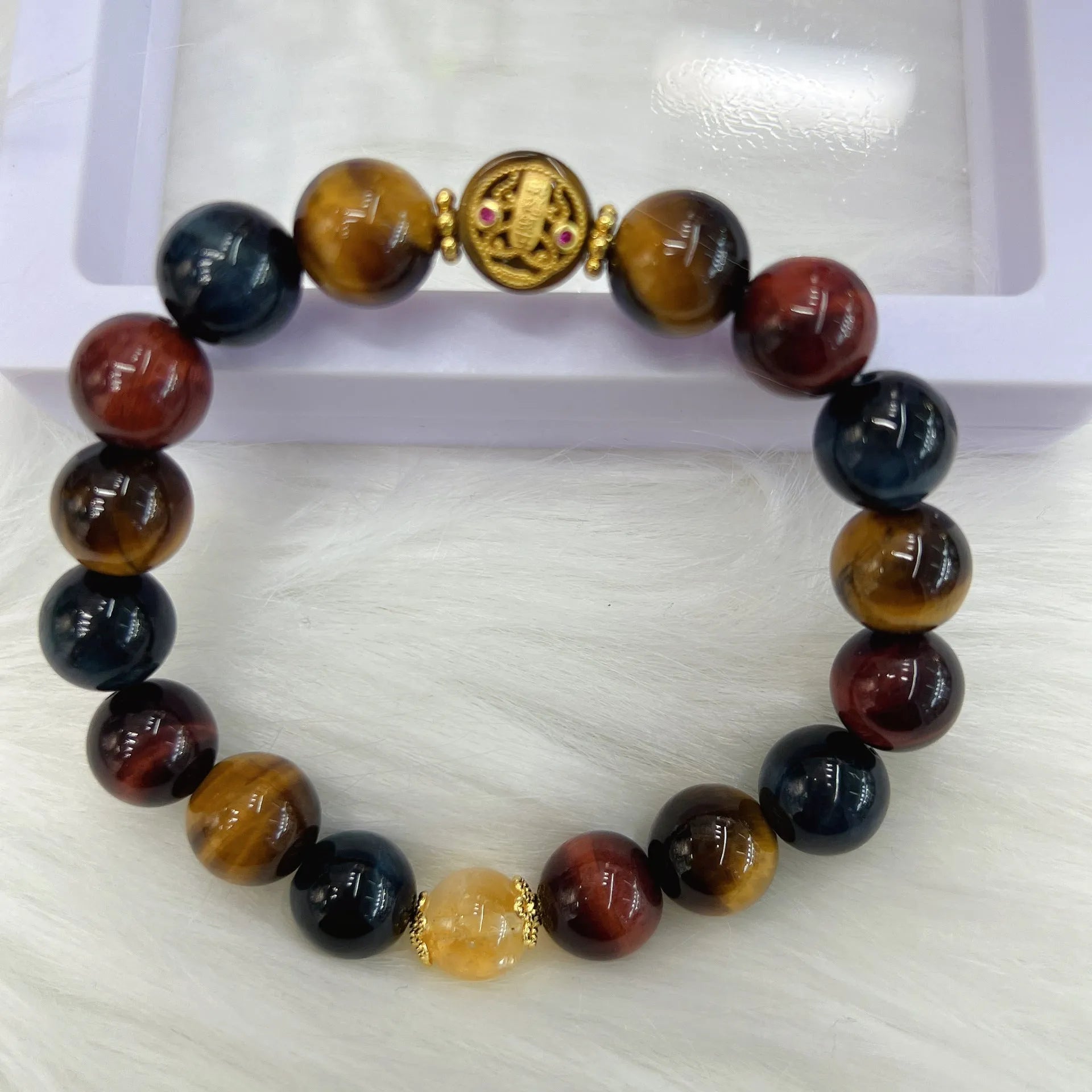 Tiger eye natural stone bracelet with loose round beads on 18cm chain