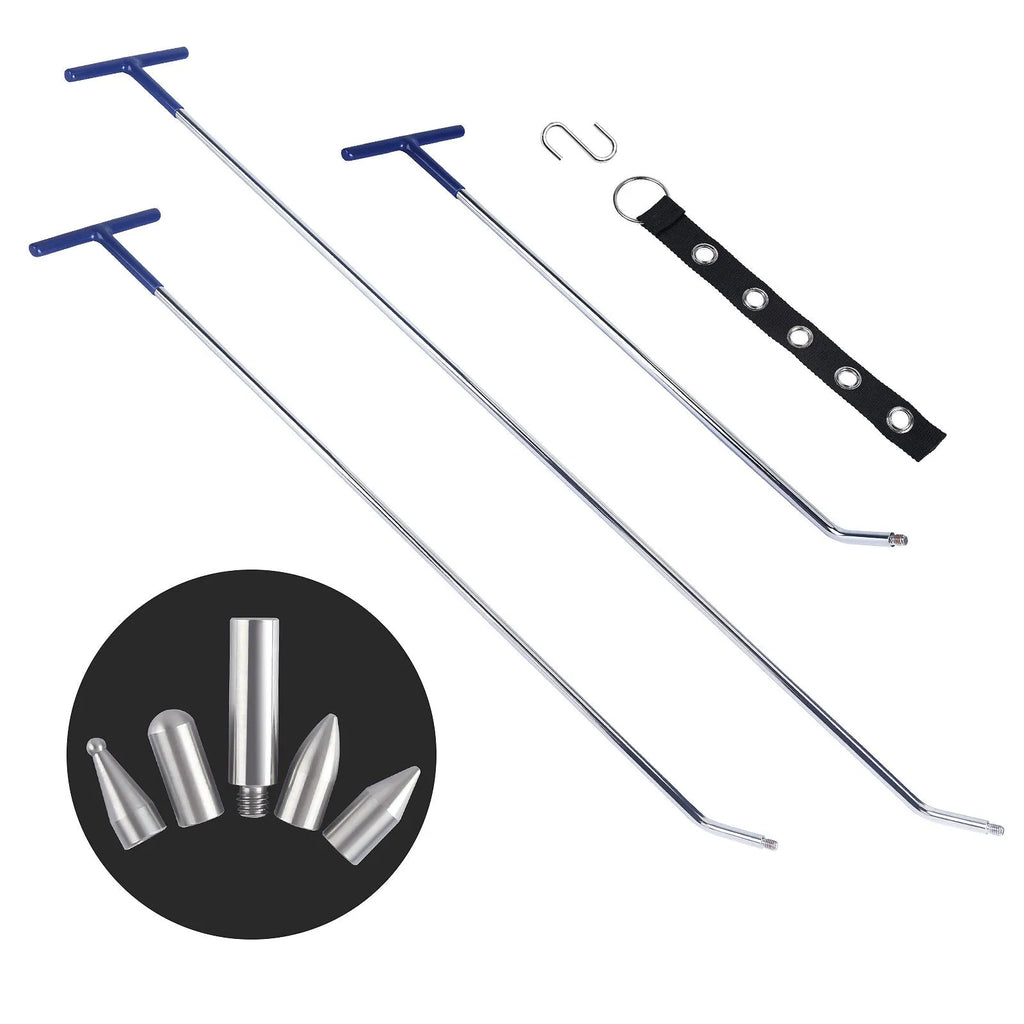 Three alloy steel car dent repair tools: hooks and a crowbar for vehicle body panel maintenance.