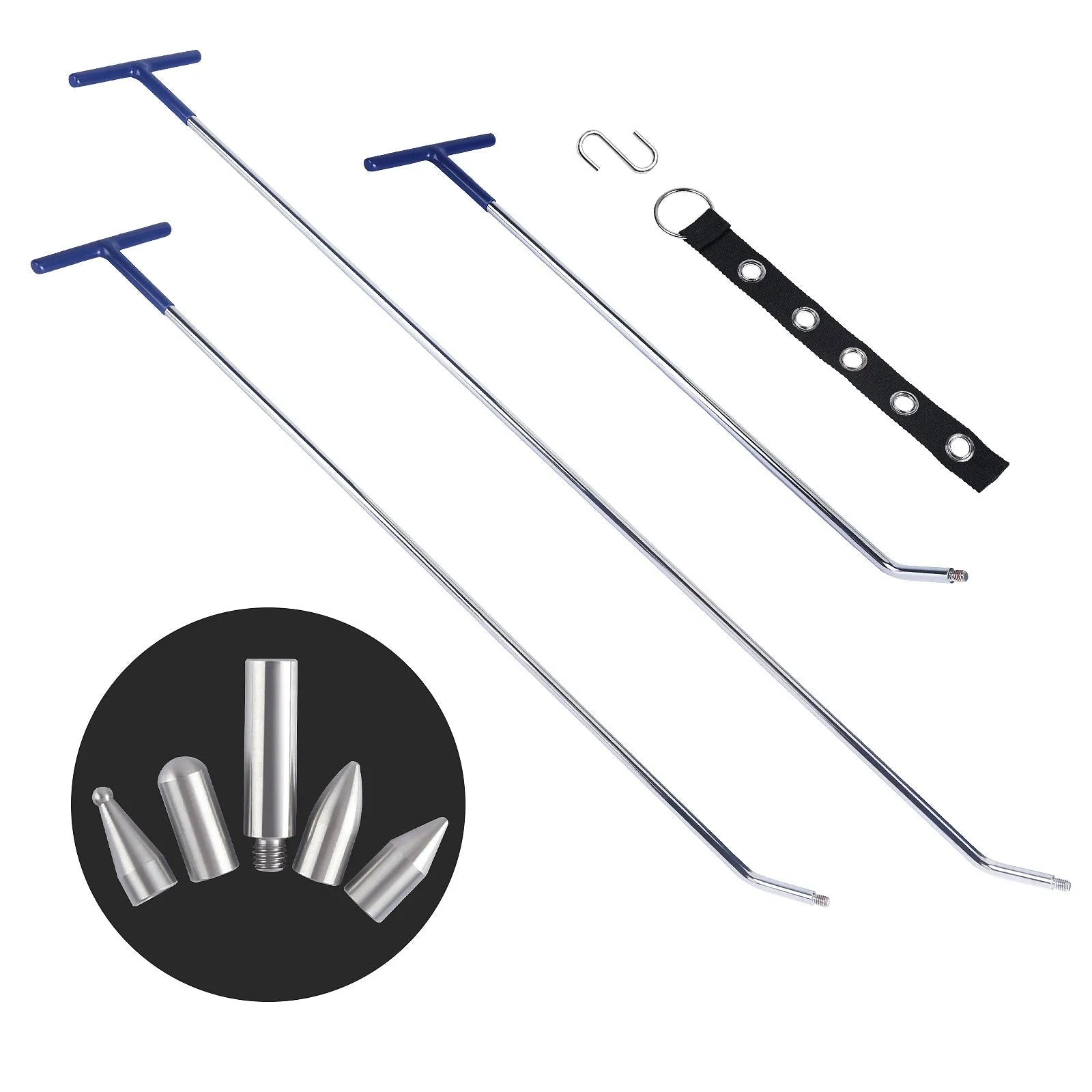 Three alloy steel car dent repair tools: hooks and a crowbar for vehicle body panel maintenance.
