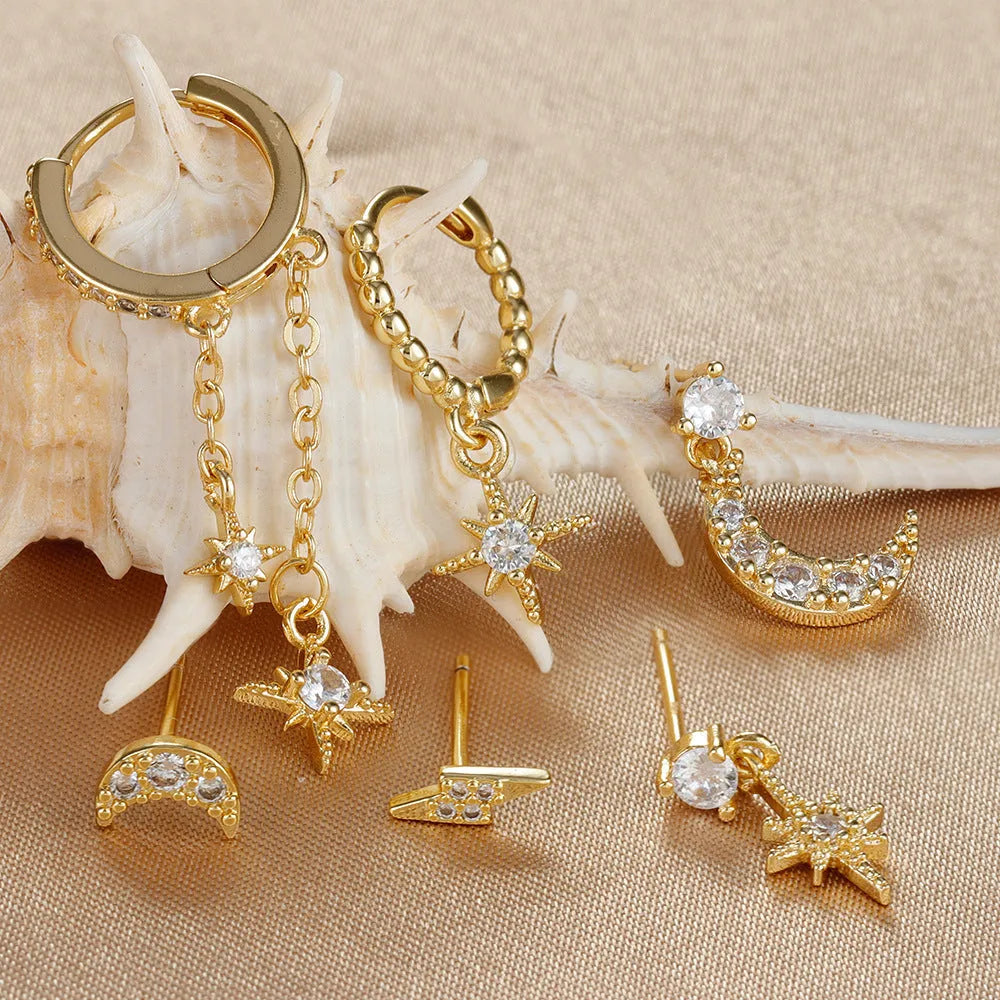 XINGX gold chain tassel earrings set of six with zircon stud accents on copper material