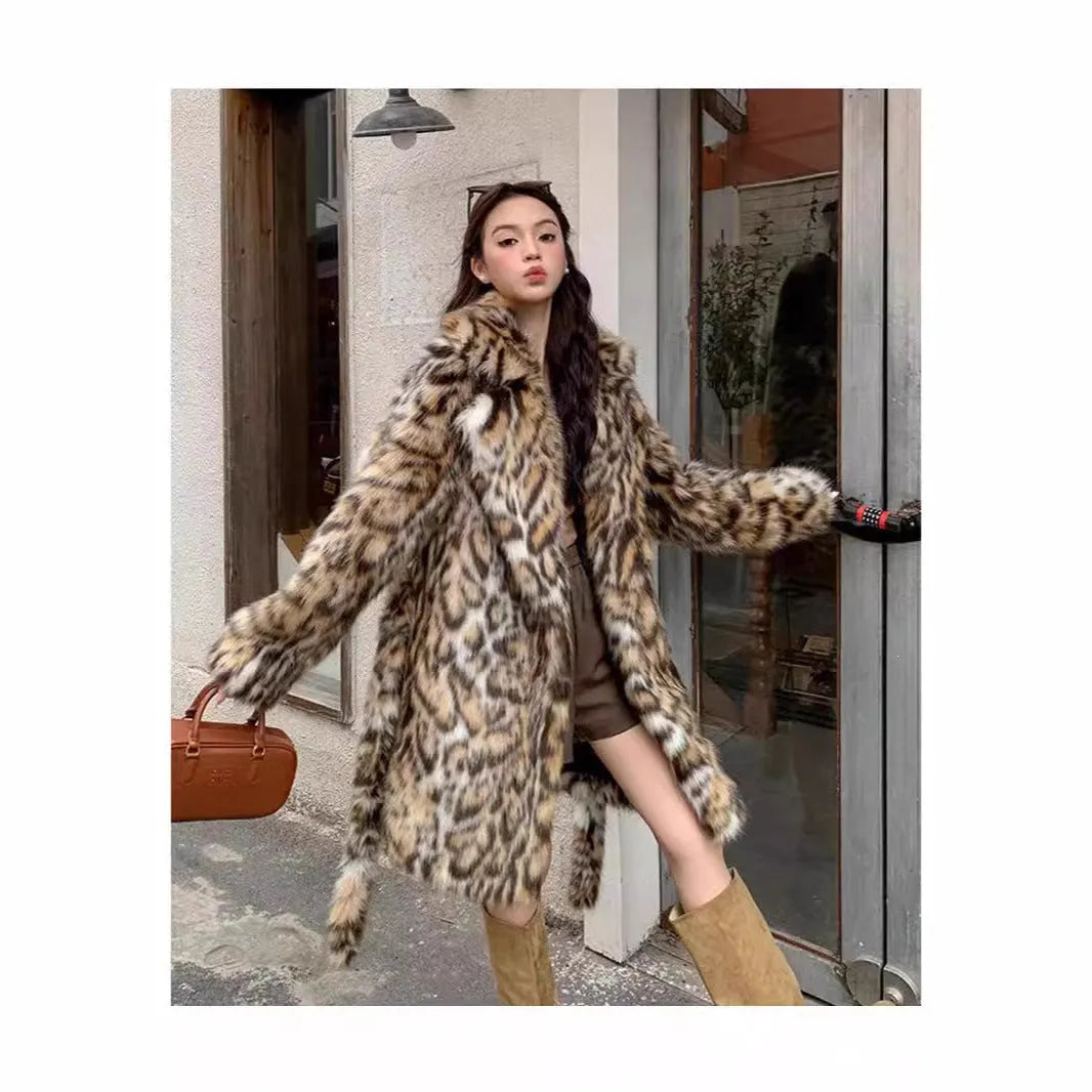 A woman's long faux fur coat with a fur collar in a street fashion style.