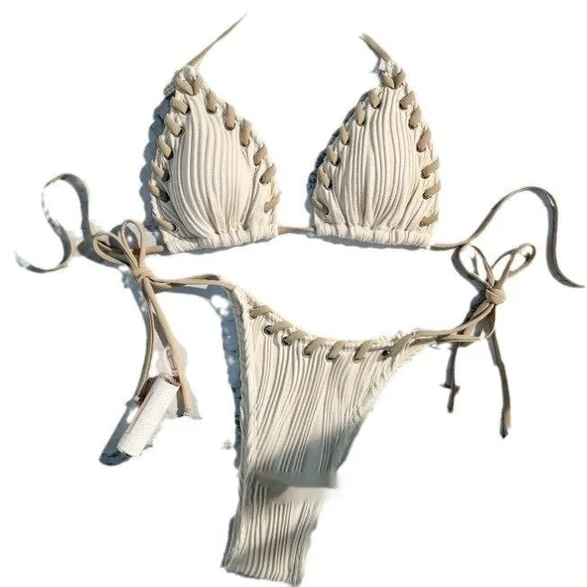 Milky white lace-up push up swimsuit with split backless design for women