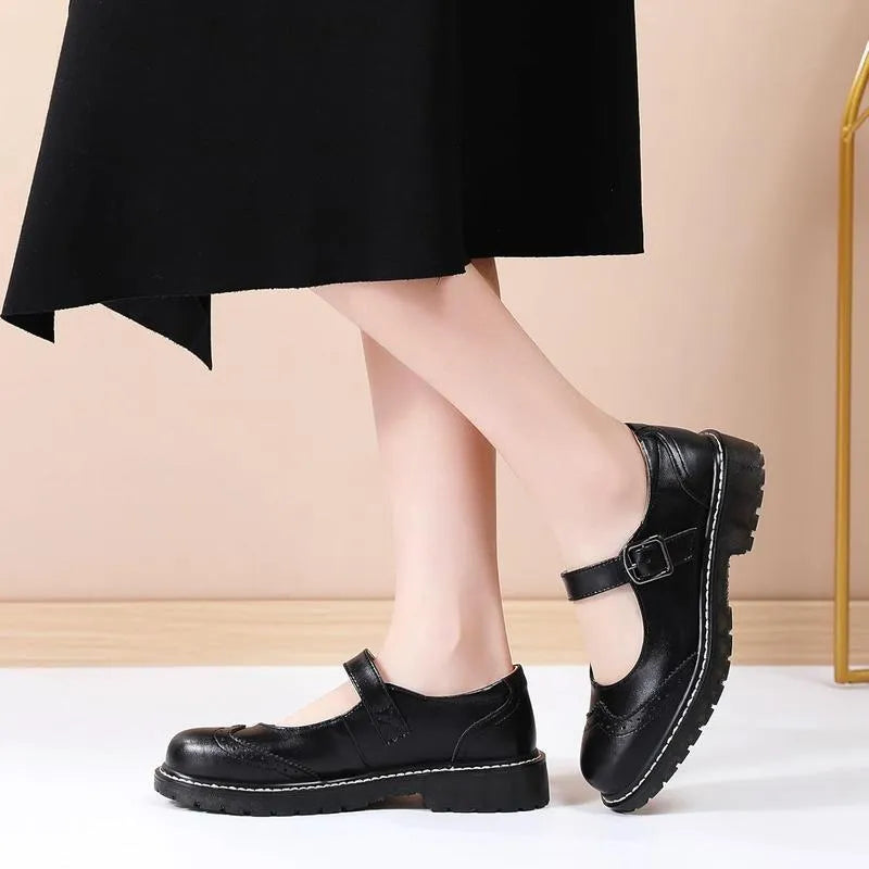 Shallow mouth thick bottom hanging buckle pumps for elderly women in black colour option