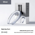 Silver grey hanging neck portable bladeless fan showing wearable design and USB charging port