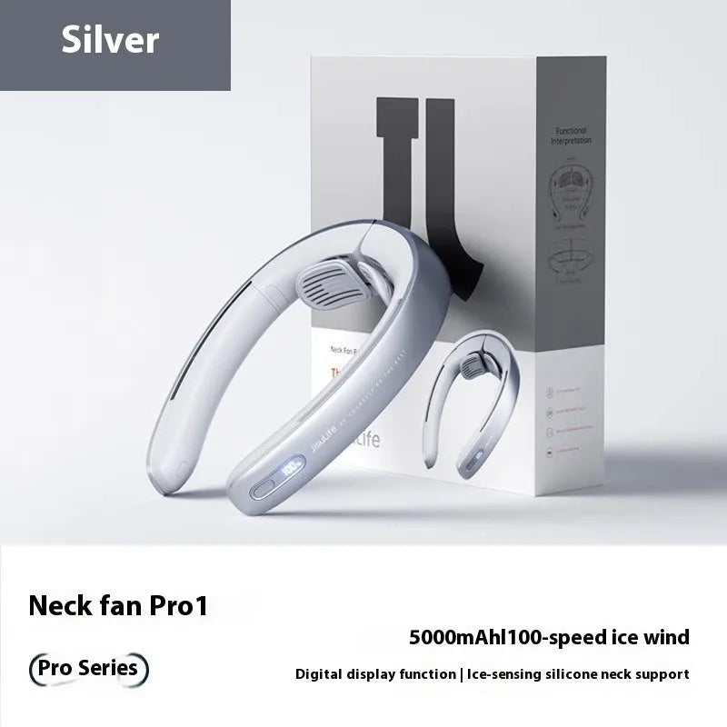 Silver grey hanging neck portable bladeless fan showing wearable design and USB charging port
