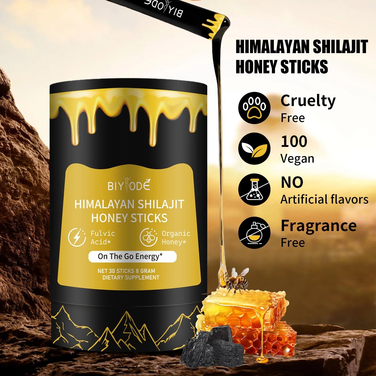 Bottle of 30 shilajit honey sticks with honey, shilajit extract, and saffron for energy support