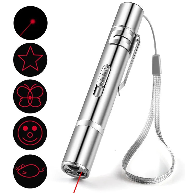 Laser pointer cat toy in stainless steel, 11.3 x 1.7 cm, with red dot LED and five light modes for cats and dogs.
