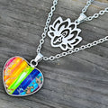 Seven-colour natural stone heart-shaped lotus pendant on silver-tone double-layer necklace