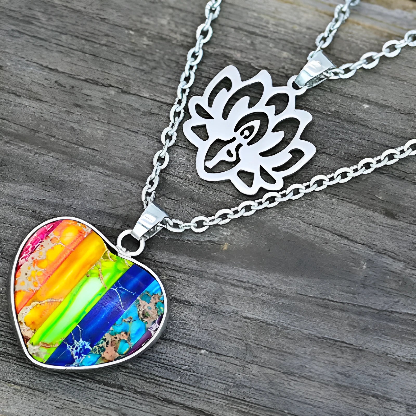 Seven-colour natural stone heart-shaped lotus pendant on silver-tone double-layer necklace