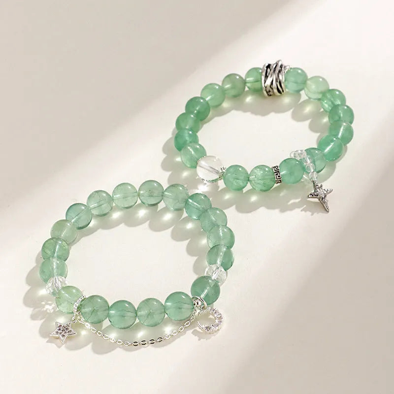Green fluorite star moon princess bracelet with white crystals and electroplated metal