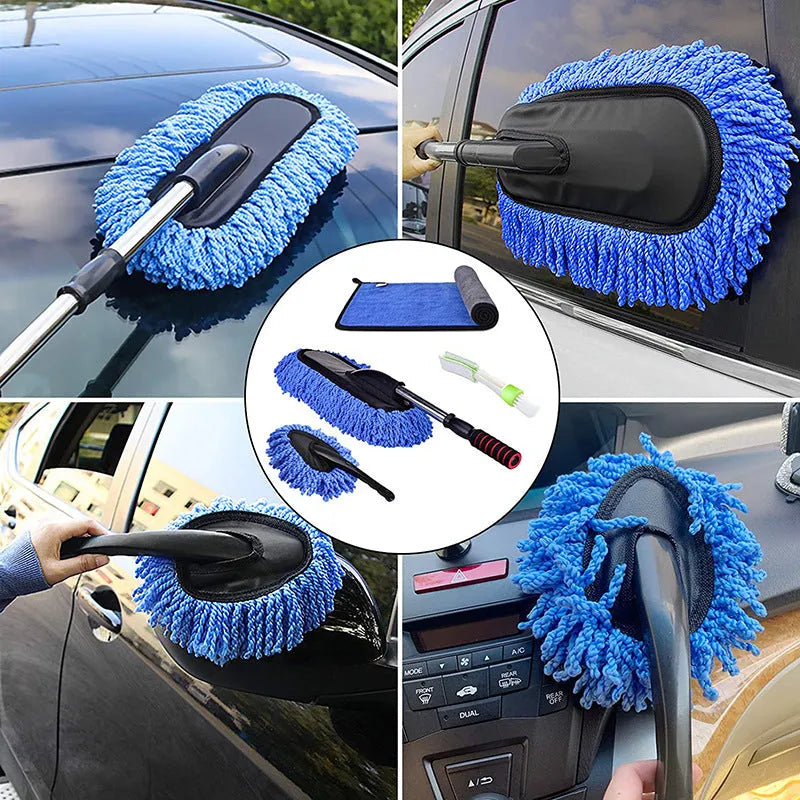 Car dust collector with retractable handle and 5-piece microfiber dusting brush set for car and home cleaning
