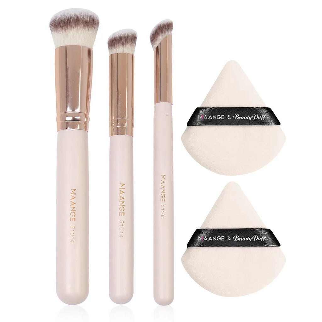 3-piece wooden makeup brush set with triangle powder puff in apricot, black, black gold, and black silver colours