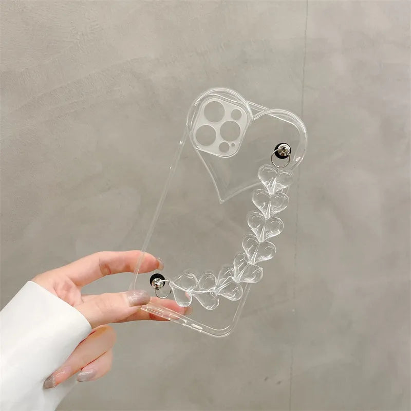 Transparent iPhone case with love heart chain bracelet design on soft TPU material