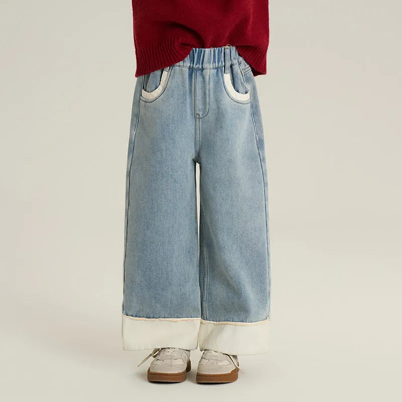 Boys and girls cotton casual straight blue jeans, suitable for heights 90cm to 160cm