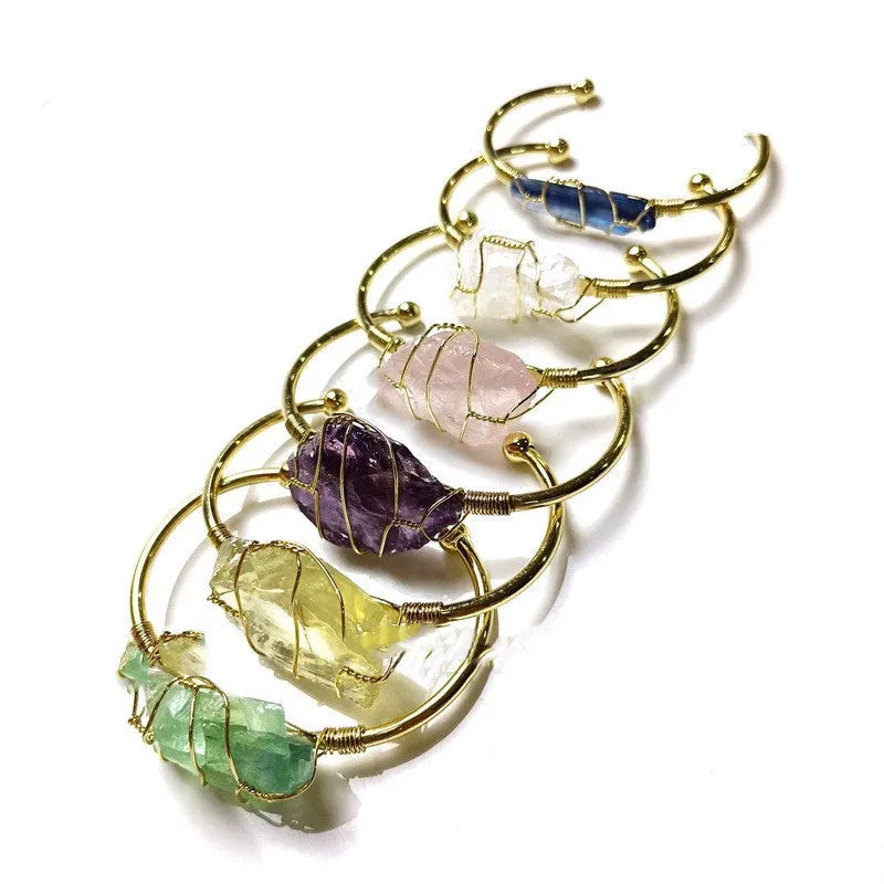 Geometric natural crystal rough stone bracelet with gold winding metal details