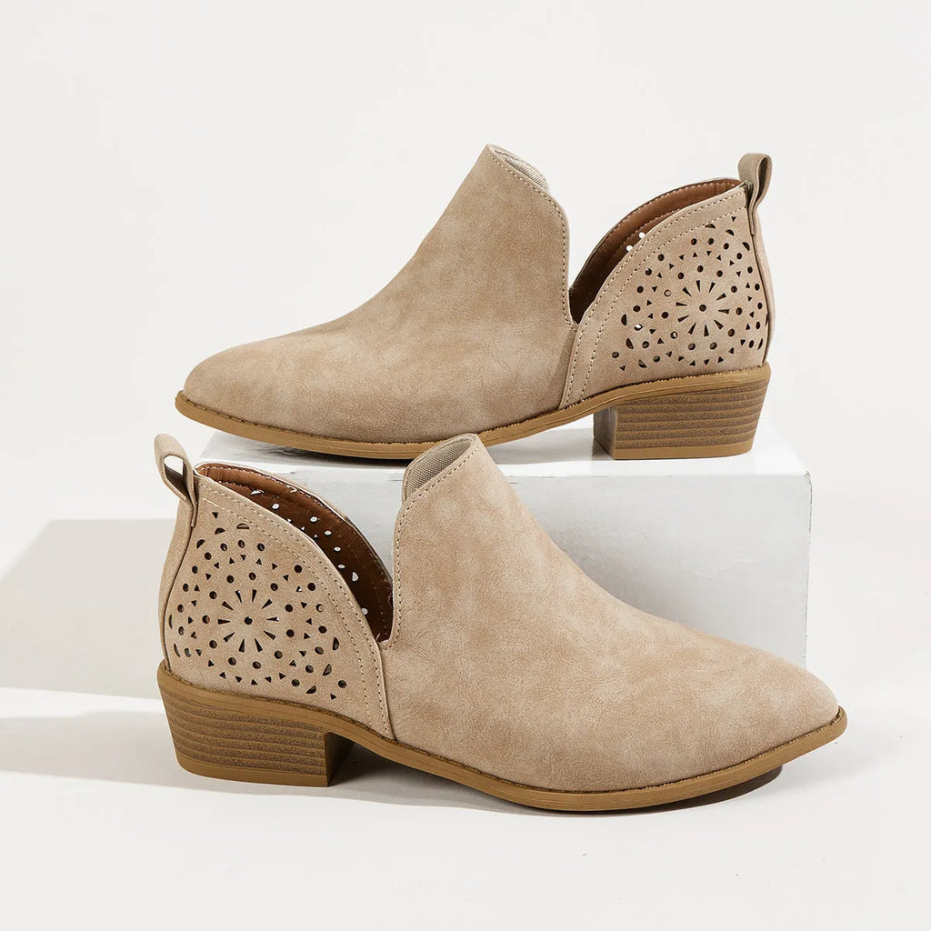 Women's retro mesh ankle boots with square chunky heel, cut-out perforated design in beige
