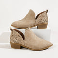 Women's retro mesh ankle boots with square chunky heel, cut-out perforated design in beige