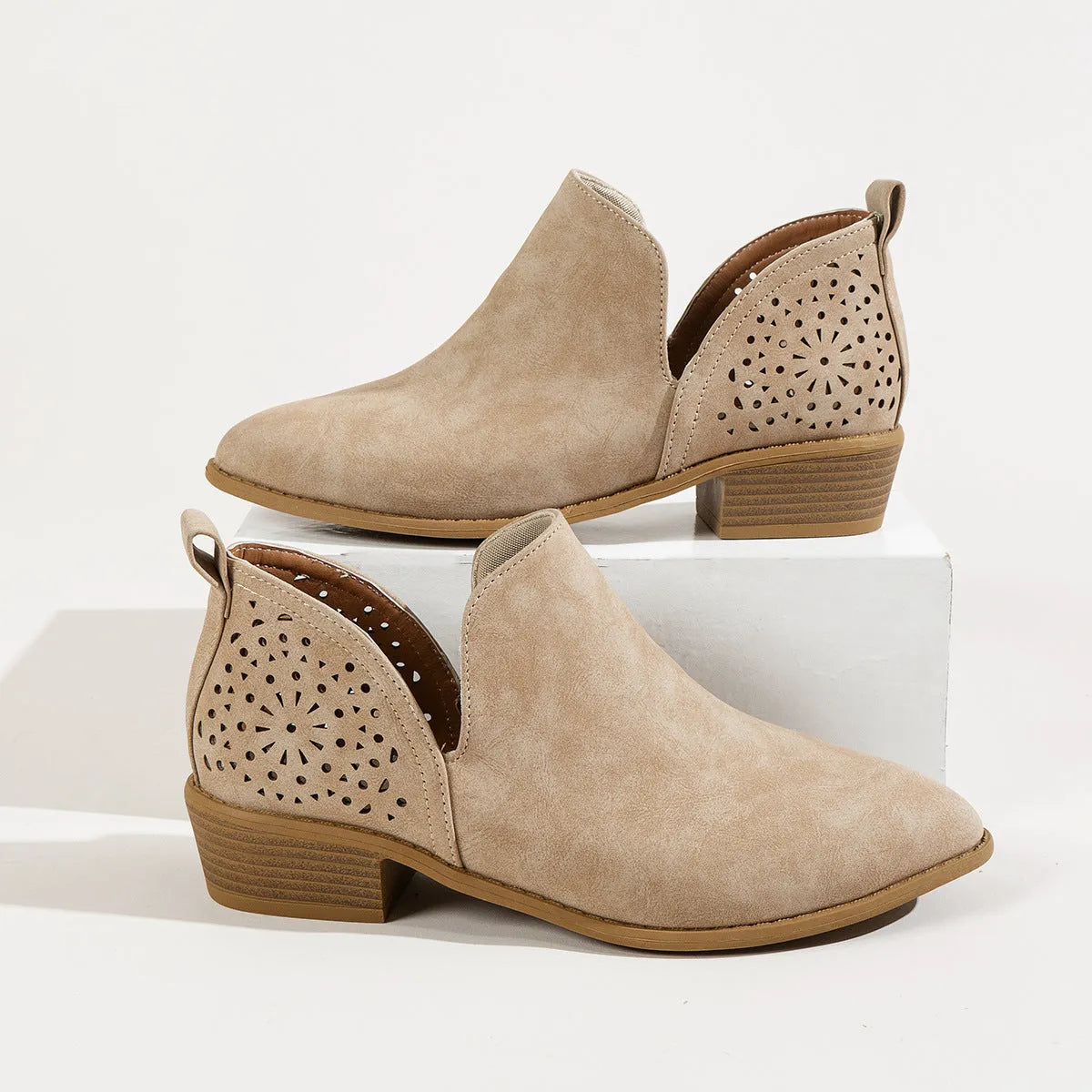 Women's retro mesh ankle boots with square chunky heel, cut-out perforated design in beige