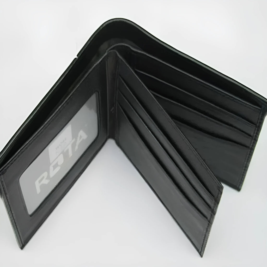 Genuine leather pearl fishskin wallet in horizontal square shape on a plain background