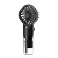 Handheld misting fan with transparent water tank showing multiple colour options including black, white, and pink