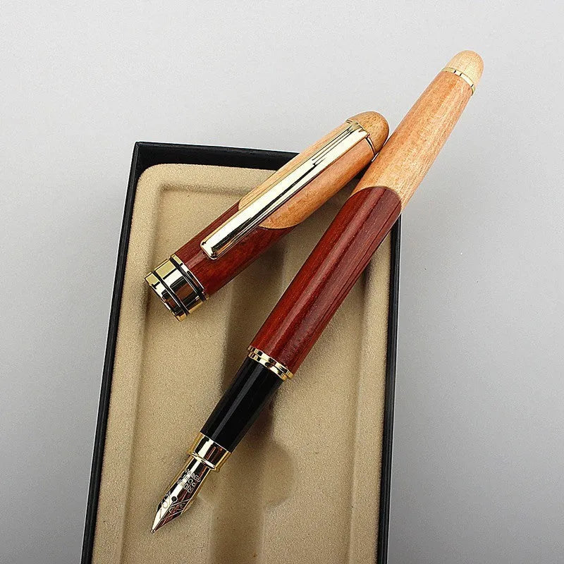 Wooden and metal pen for office use shown with a protective storage bag.