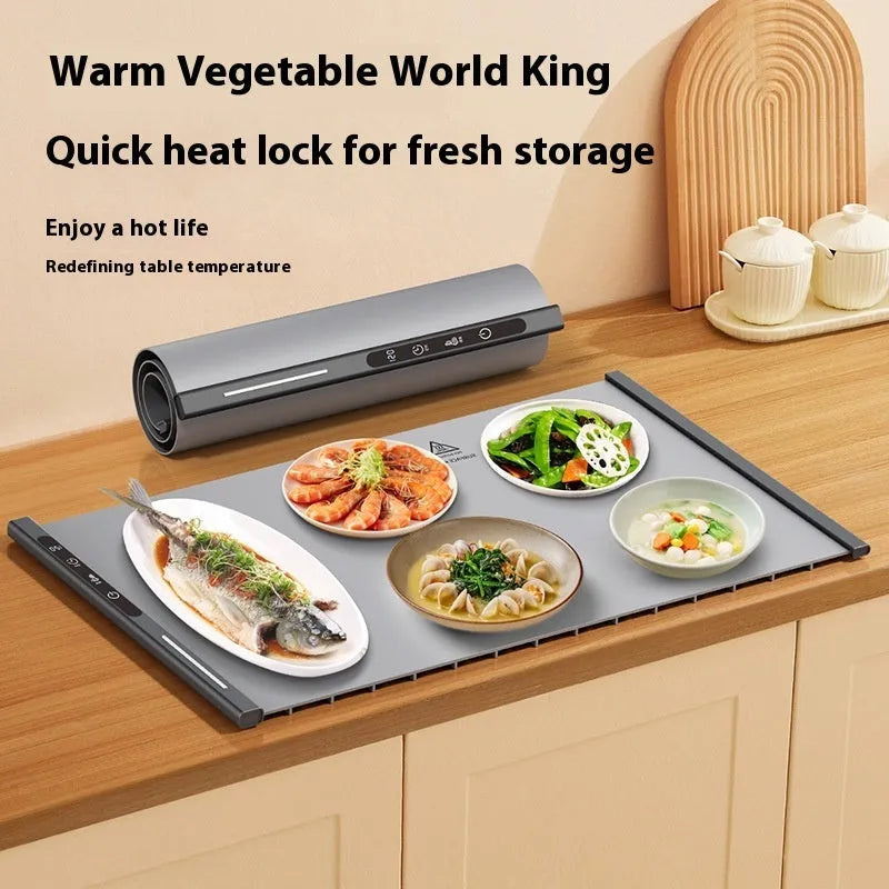 Household silicone dishes warming plate 300W in beige with EU plug on dining table