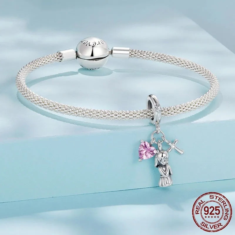 S925 sterling silver heart cross pendant bead, 2.6cm x 1.5cm with 0.45cm hole for DIY bracelet jewellery