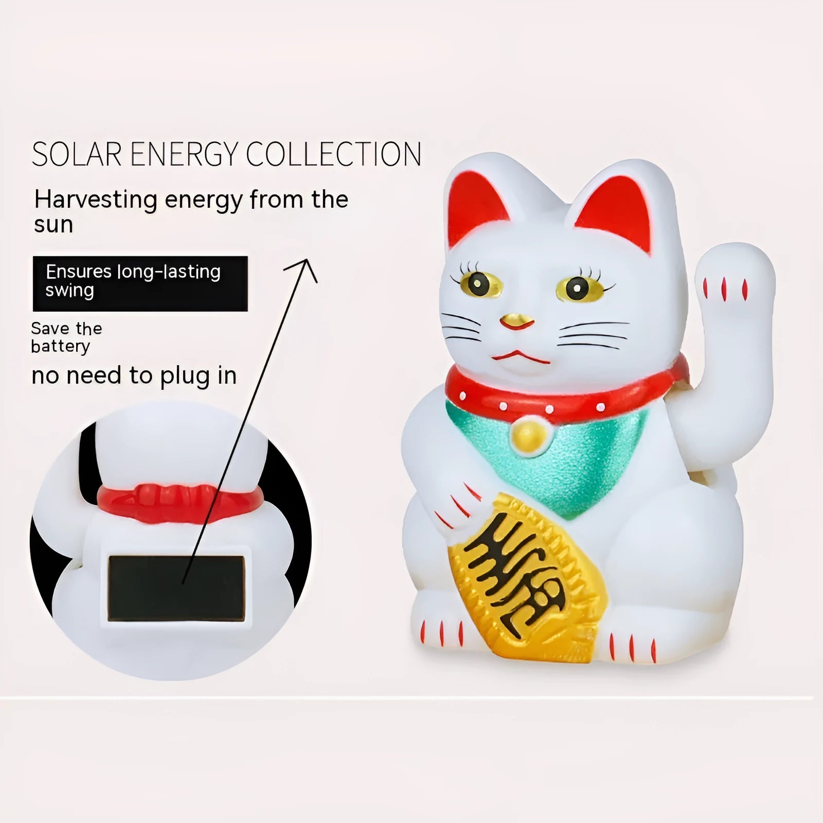 Small yellow solar powered Maneki Neko lucky cat decoration waving its arm.