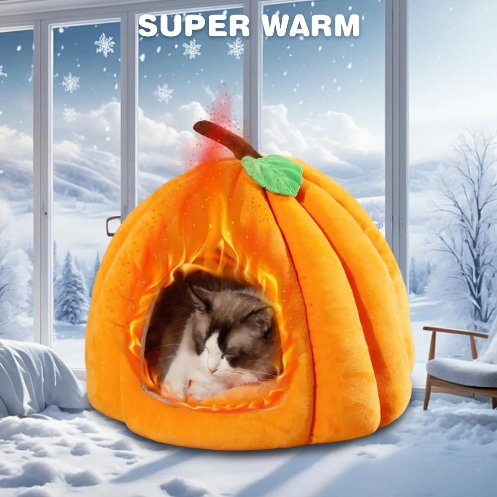 Pumpkin-shaped cat bed in blue, showing semi-enclosed cave design and plush fabric entrance.