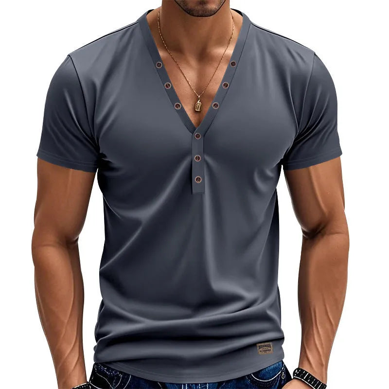 Men's loose V-neck sports pullover in solid colours with button detailing