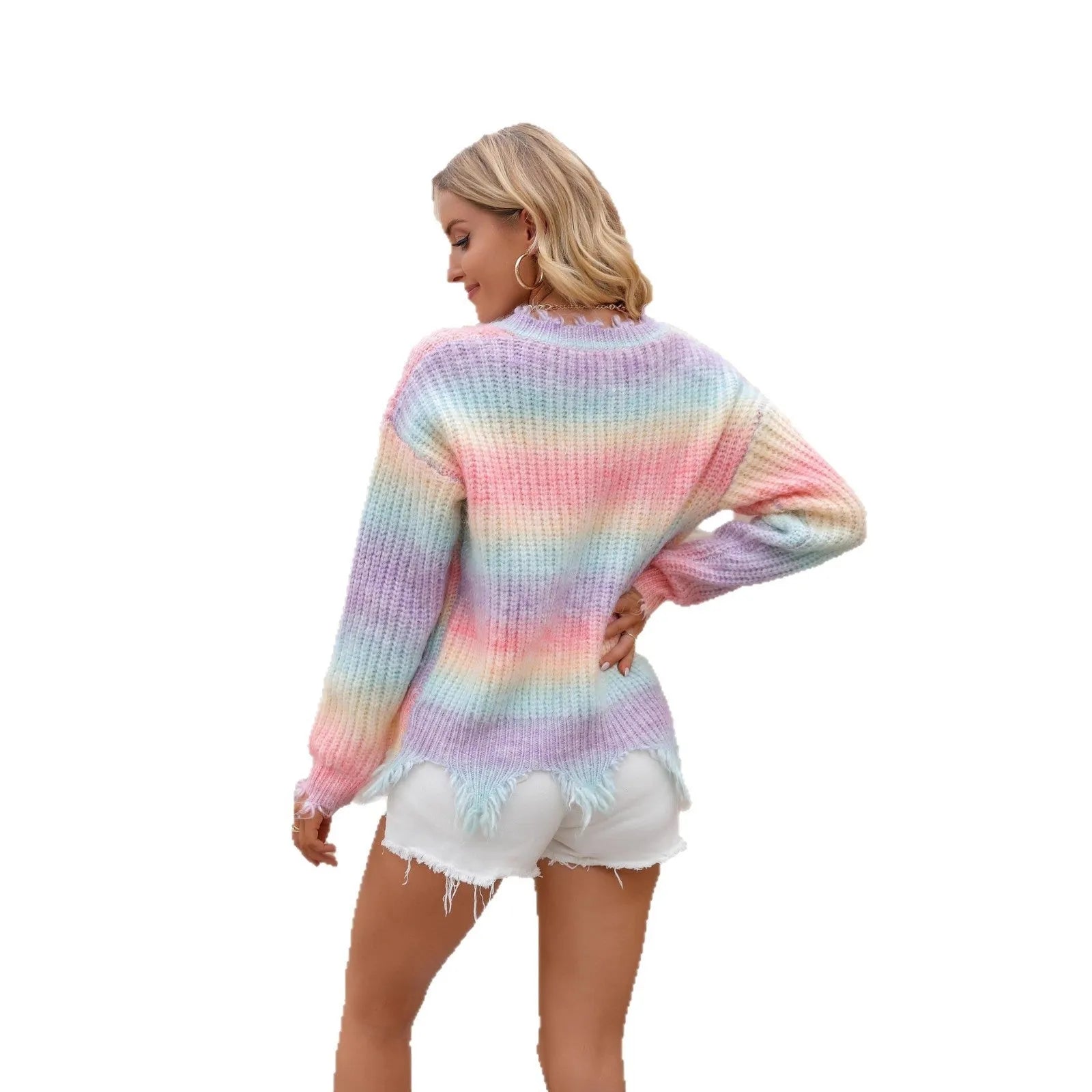 Pink rainbow gradient loose cut knitted sweater with street fashion styling