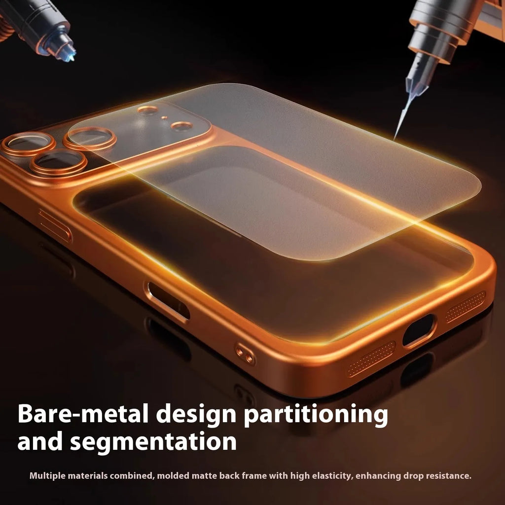 Frosted electroplating iPhone 17 phone case in orange colour, showing front and back views.