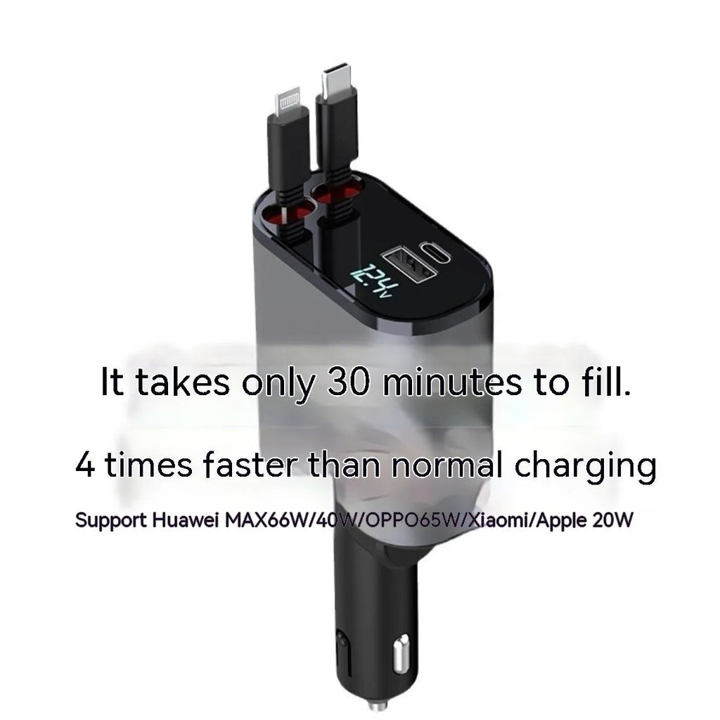 Automatic retractable vehicle charger with headband and multi-port plug for cigarette lighter socket