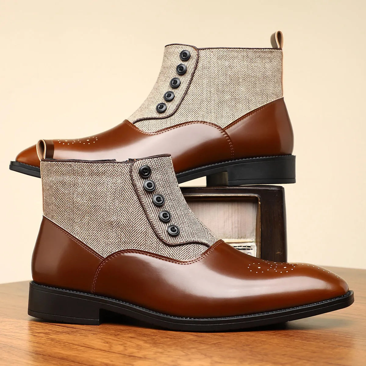 Brown retro men's formal shoes with side zip, square toe, and a low square heel on a plain background.