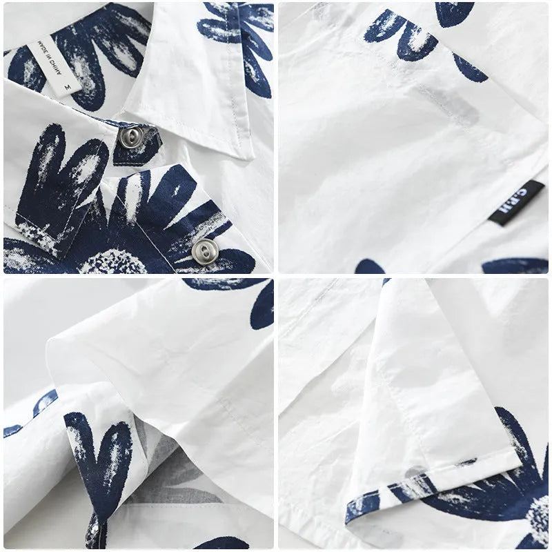 Apricot and white loose fit Japanese style short sleeve printed shirt on hanger