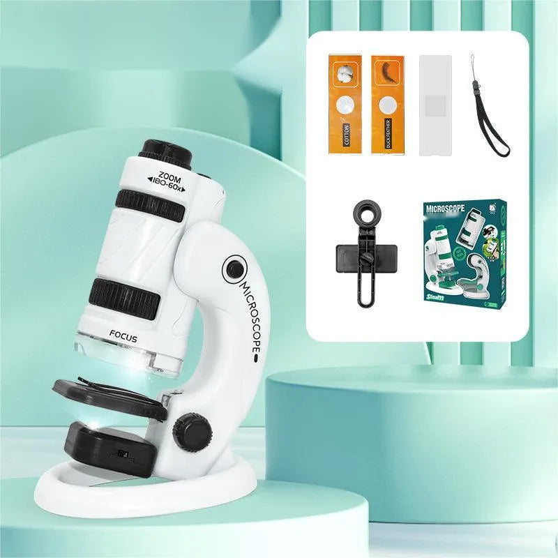 Portable white and green plastic microscope set with specimen slides for educational science exploration.