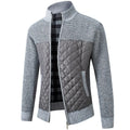 Men's stand collar striped plaid zipper sweater in grey, with full zip, made of polyester