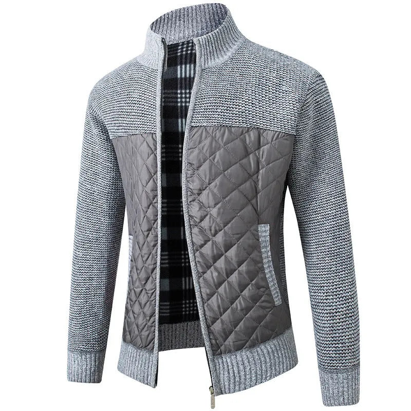 Men's stand collar striped plaid zipper sweater in grey, with full zip, made of polyester
