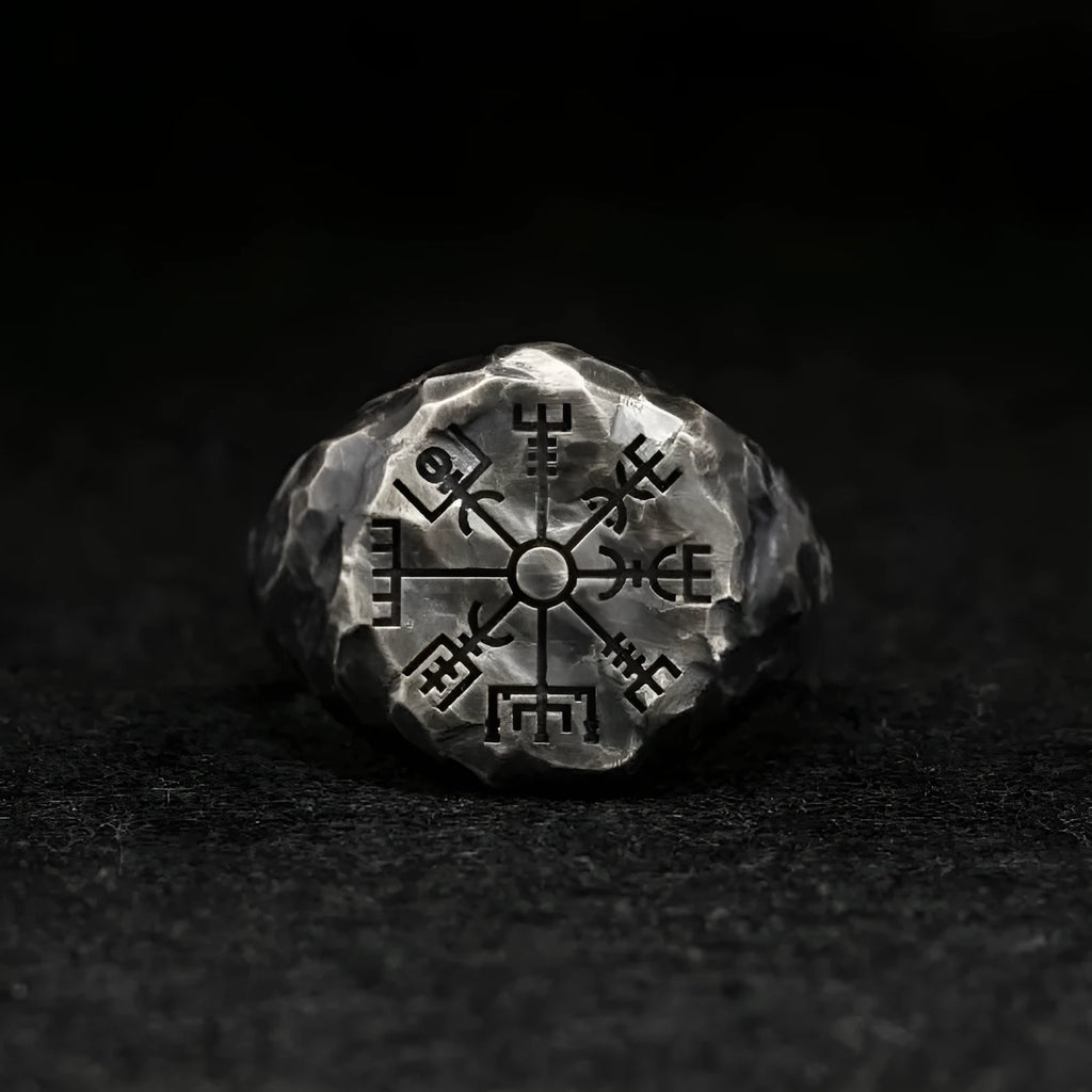 Fashion retro carved compass ring with adjustable alloy band and letter pattern