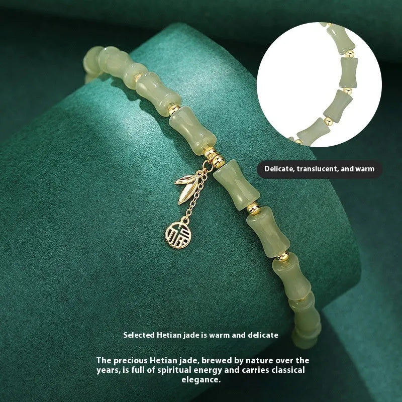 Chinese bamboo design jade bracelet and necklace set with green jade accents on alloy framework