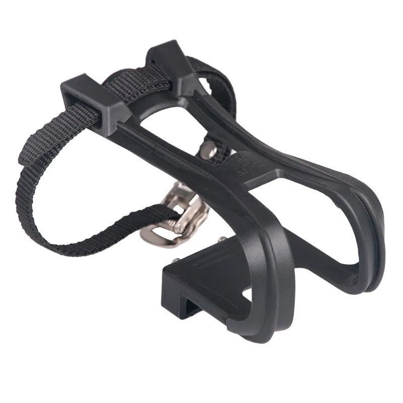 Fitness spinning pedal foot holder rope kit with plastic sets, metal bolts, and flange nuts on black background