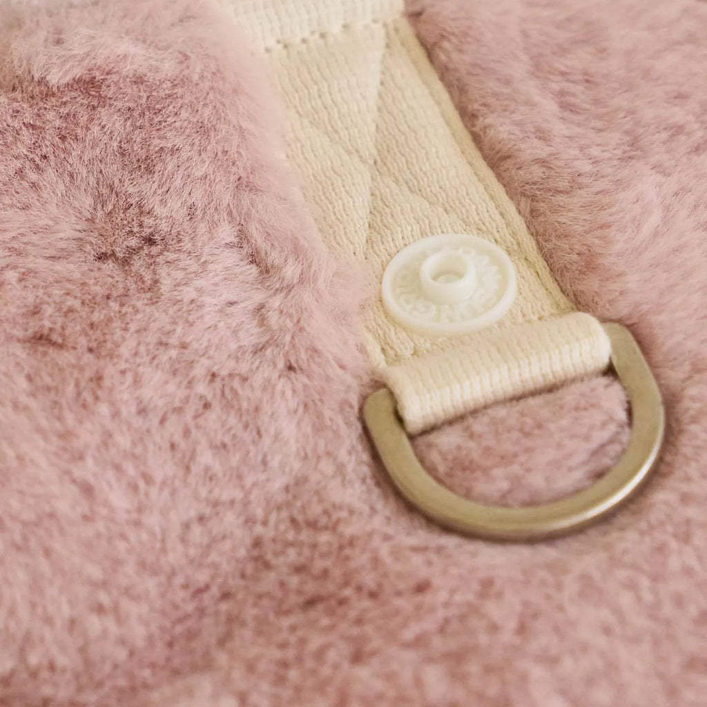 Light pink polyester dog coat shown on a pet, with casual styling and size tags for XS to XL.