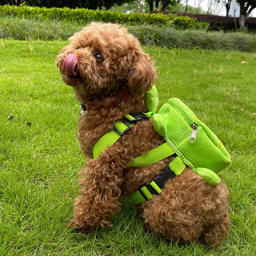 Turtle-shaped velvet dog backpack with integrated harness vest in brown colour.