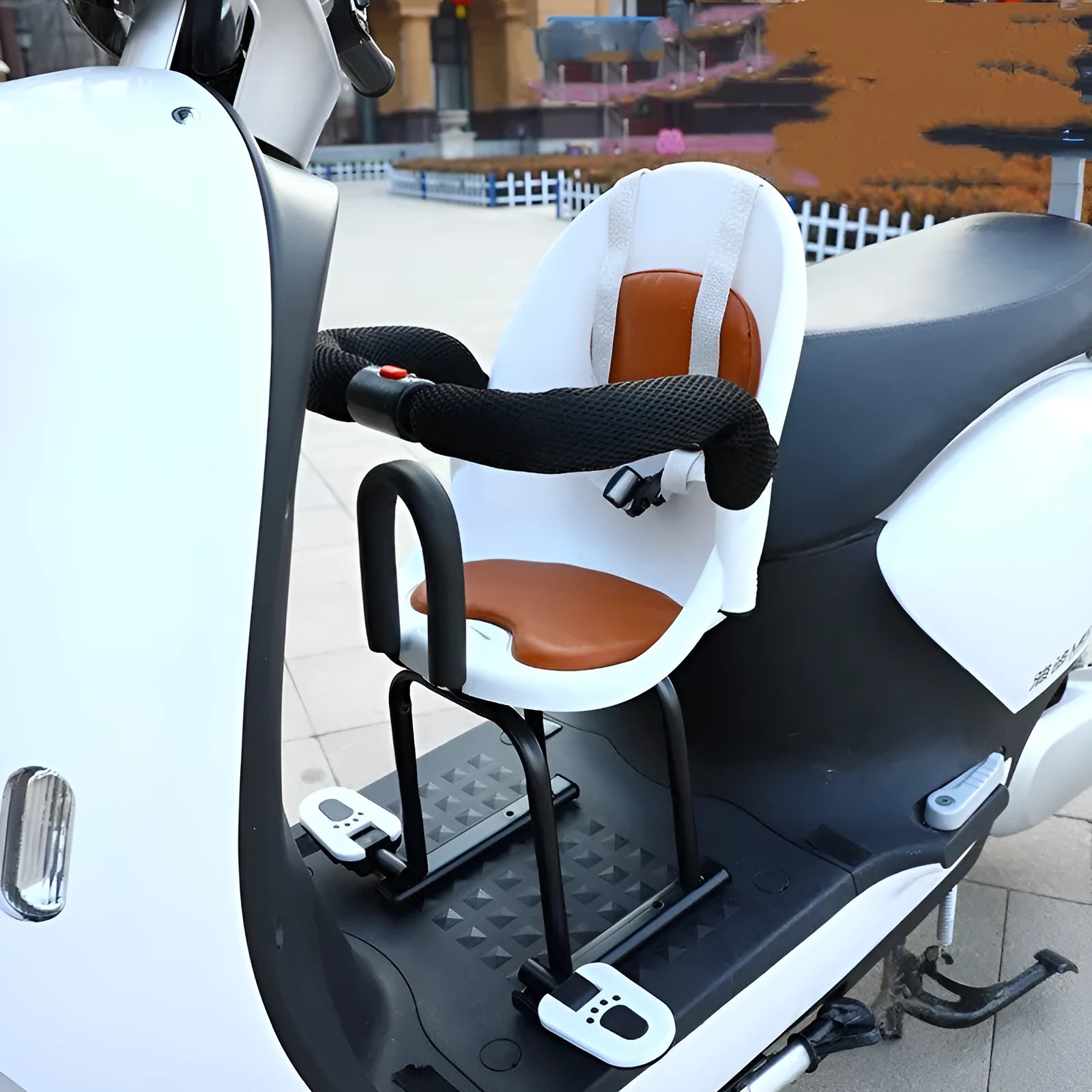 Front child safety seat for baby scooter with high carbon steel frame in black, red, or white colours