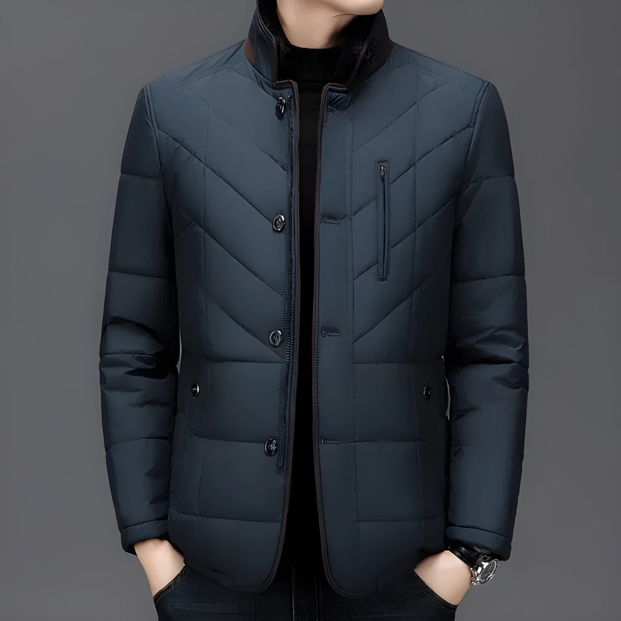 Men's dark blue padded winter short coat with side pockets on a neutral background.
