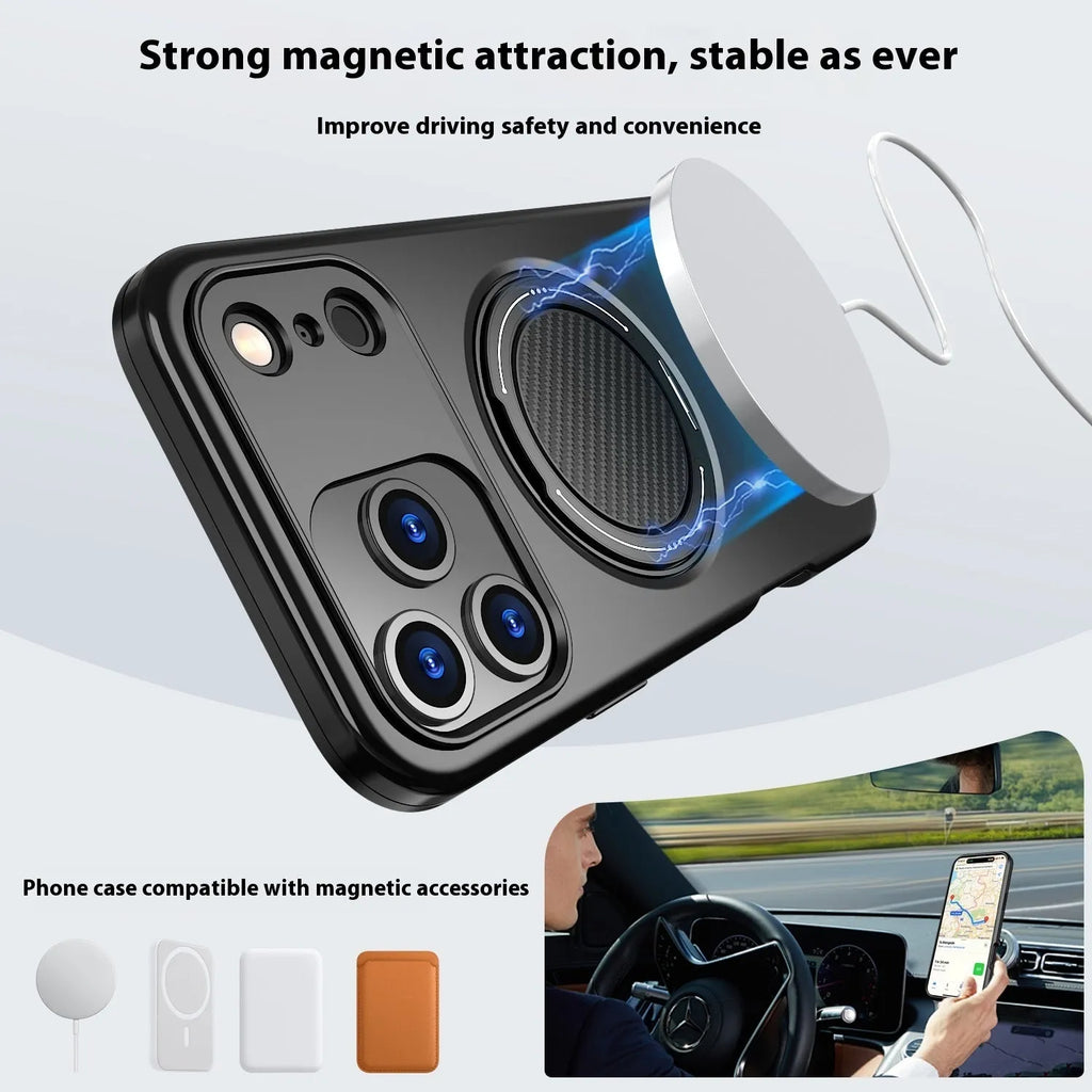 Rotating damping magnetic bracket phone case for iPhone 17Pro in black showing kickstand deployed