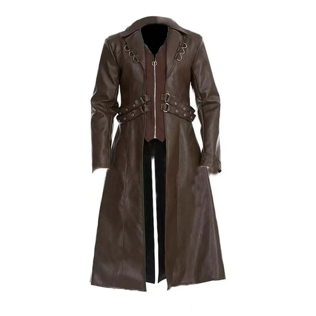 Mid-length retro PU leather trench coat in black, European style with medieval inspiration, sizes S-XXXL