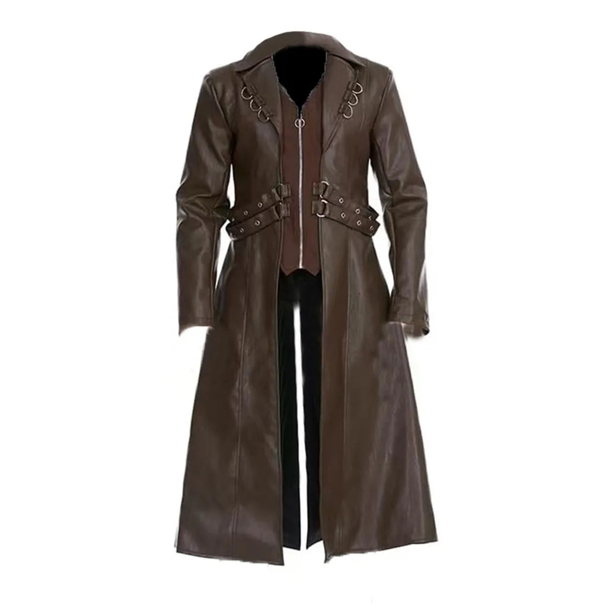 Mid-length retro PU leather trench coat in black, European style with medieval inspiration, sizes S-XXXL